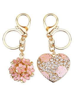 Mtlee Flowers Ball Keychain and Sweet Love Heart Rose Flower Crystal Keyring, 2 Pieces, Multicolor, Medium
