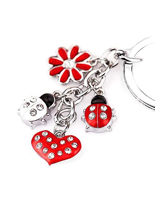 Z395 Cute Red Style Ladybug Heart Lily Charms Key Ring Keychain