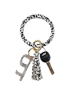 Leather Bracelet Key Ring Bangle Keyring, Tassel Ring Circle Key Ring Keychain Wristlet with No Touch Key Door Opener