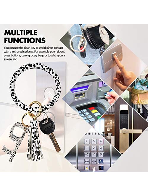 Leather Bracelet Key Ring Bangle Keyring, Tassel Ring Circle Key Ring Keychain Wristlet with No Touch Key Door Opener