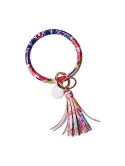 Lantintop Wristlet Keychain Bracelet Bangle Keyring Leather Round Tassel Keychain for Women Girl