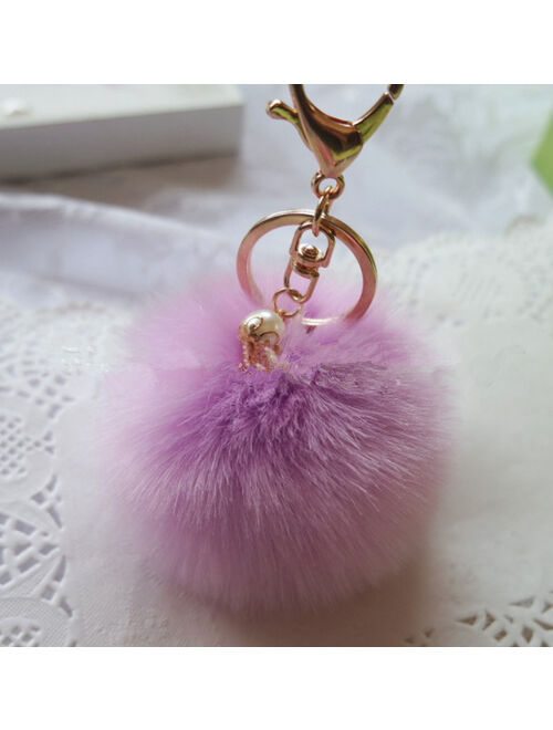 2Pcs Lavender Fur Ball PomPom Cell Phone Keychain Pendant Handbag Charm Key Ring