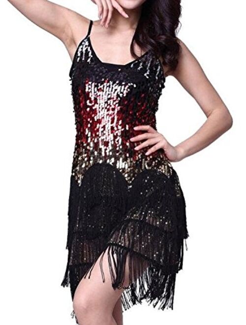 VIJIV Women's Adjustable Strap Gradient Sequin Fringe Dance Party Dress