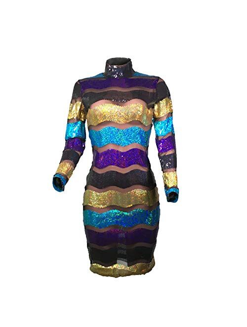 High Neck Sequin Sheer Mesh Dress for Women Black Purple Colorful Striped Glitter Tiered Midi Dress