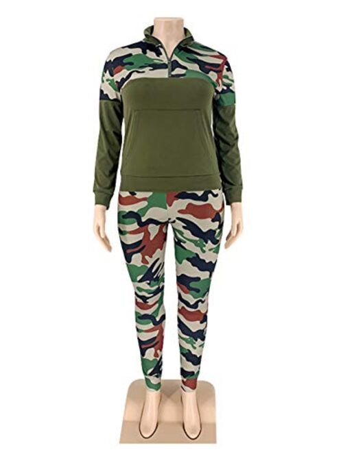 Aro Lora Womens Plus Size 2 Piece Tracksuit Outfit Camo Print Sweatshirt and Pant Set