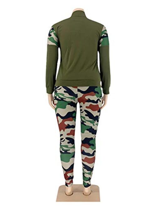 Aro Lora Womens Plus Size 2 Piece Tracksuit Outfit Camo Print Sweatshirt and Pant Set