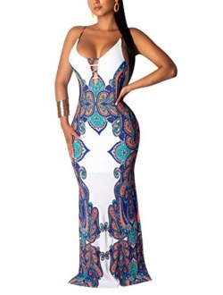 Women's African Print Deep V Neck 3/4 Sleeve High Slit Dashiki Long Maxi Dress
