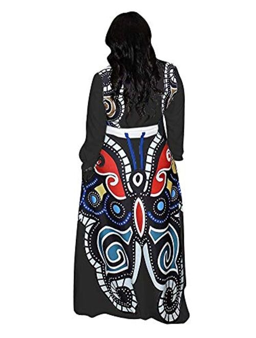 Aro Lora Women's African Print Deep V Neck 3/4 Sleeve High Slit Dashiki Long Maxi Dress