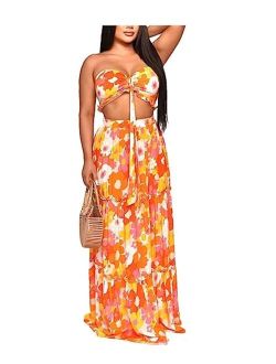 Women's Sexy Off Shoulder Floral Printed Side Slit Two-Piece Maxi Dress