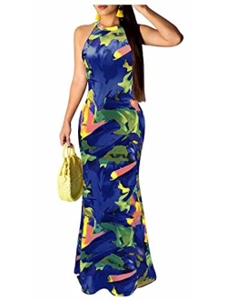 Women's Sexy Floral Print Sleeveless Boho Beach Long Maxi Party Bodycon Dresses