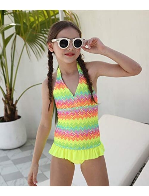 BELLOO Girls One Piece Swimsuits, Girls' Halter Rainbow Crochet Ruffle Bathing Suits Swimwear