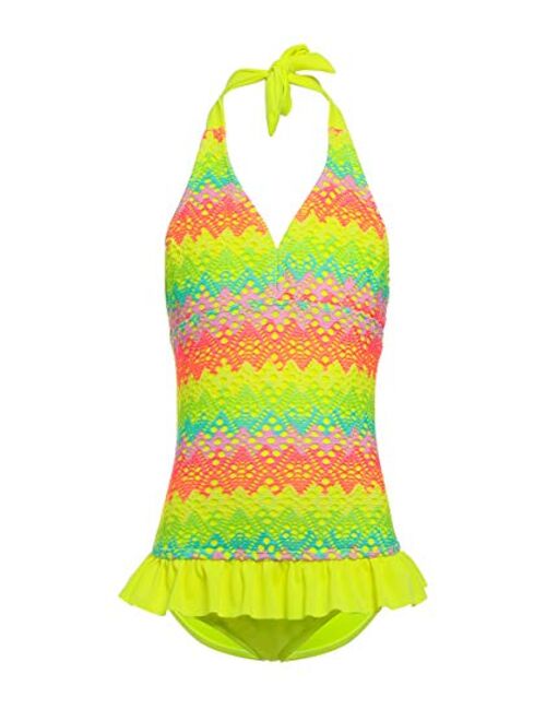BELLOO Girls One Piece Swimsuits, Girls' Halter Rainbow Crochet Ruffle Bathing Suits Swimwear