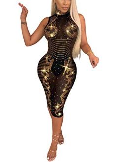 Women's Mesh Halter Hollow Out See-Through Hot Drilling Embllished Mini Club Dress