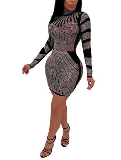 Women's Mesh Halter Hollow Out See-Through Hot Drilling Embllished Mini Club Dress