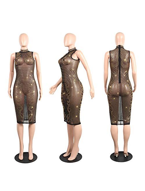 Aro Lora Women's Mesh Halter Hollow Out See-Through Hot Drilling Embllished  Mini Club Dress