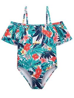 Wantdo Girl's One Piece Hawaiian Ruffle Swimsuit Floral Swimwear