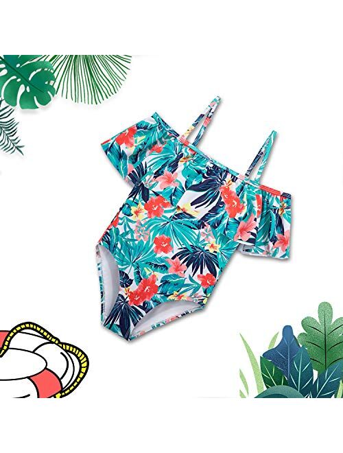 Wantdo Girl's One Piece Hawaiian Ruffle Swimsuit Floral Swimwear