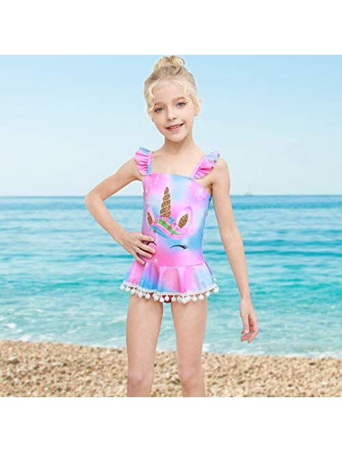 ICOSY Girls Swimsuit One Piece Bathing Suit for Girls Unicorn Bikini Tankini Swimwear Toddler Kids Ruffle Swimming Suit