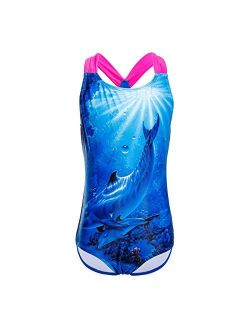 DAYU Girls Race Back Bathing Suits One Piece Swimsuit Animal Print Swimwear, Size 4-14