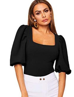 Women's Casual Puff Sleeve Square Neck Slim Fit Crop Tee Tops