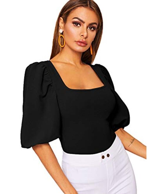 Romwe Women's Casual Puff Sleeve Square Neck Slim Fit Crop Tee Tops