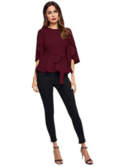 Romwe Women's Split Half Sleeve Zipper Belted Knot Drap Casual Slim Fit Blouse Top