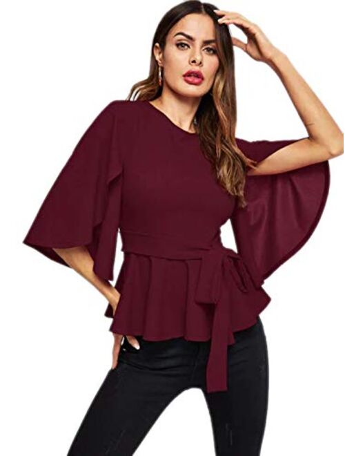 Romwe Women's Split Half Sleeve Zipper Belted Knot Drap Casual Slim Fit Blouse Top