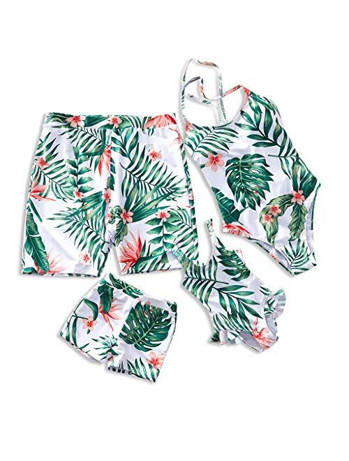 IFFEI Mommy and Me Family Matching Swimsuit One Piece Beach Wear Summer Leaves Sporty Monokini Bathing Suit