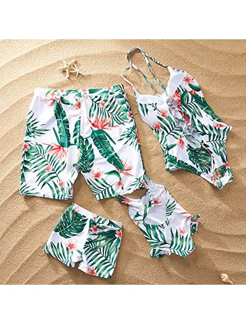 IFFEI Mommy and Me Family Matching Swimsuit One Piece Beach Wear Summer Leaves Sporty Monokini Bathing Suit