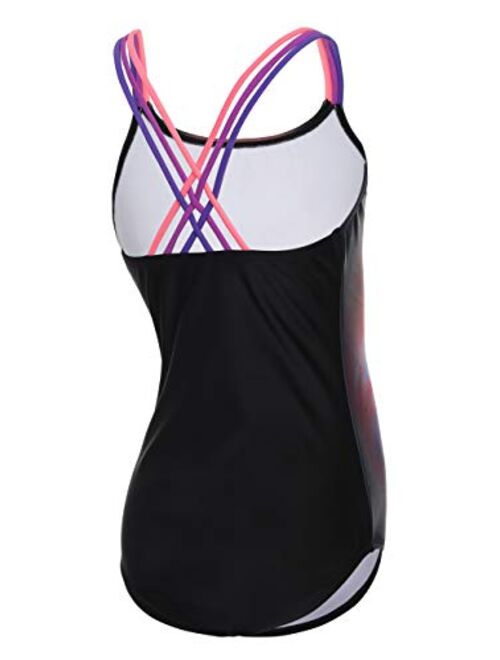 DUSISHIDAN Girls' Beach Sport 1-Piece Swimsuit Bathing Suit, Smile Stripe/Cat Print
