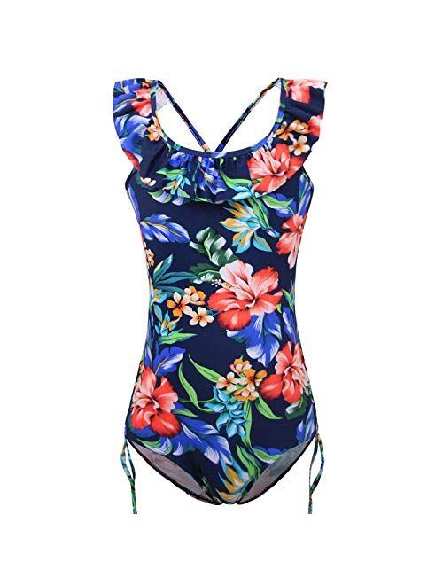 FBA KALAWALK Girls Floral Pattern Beach Sport 1 Piece Adjustable Bathing Suit Modest Ruffle Swimwear 5Y-15Y Swimsuit 