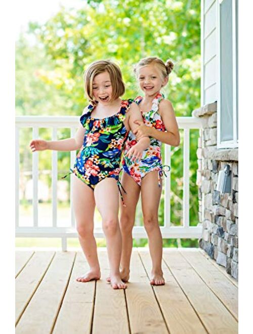 KALAWALK Girls Floral Pattern Beach Sport 1 Piece Adjustable Bathing Suit Modest Ruffle Swimwear 5Y-15Y Swimsuit(FBA)
