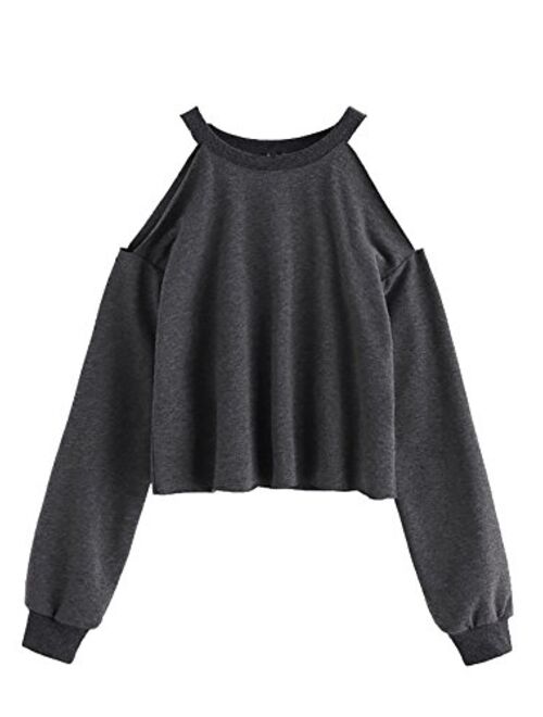 Romwe Womens Raw Hem Open Cold Shoulder Top Long Sleeve Heathered Pullover Tee Shirt