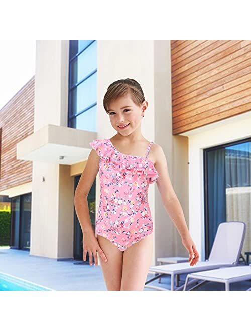 Moon Tree Girls One Piece Bathing Suit Hawaiian Ruffle Swimsuits Kids Beach Floral Swimwear 2-14 Years