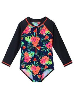 BAOHULU Girls Swimsuits One Piece Long Sleeve Rashguard UV 50+ Swim Shirt Kids Zipper Bathing Suit Swimwear