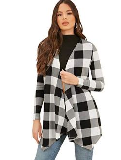 Women's Elegant Houndstooth Print Long Sleeve High Low Open Front Cardigan Coat Blazer