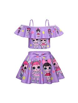Rohero Toddler Baby Girls Swimsuits Two Piece Doll Print Ruffle Swimwear Bathing Suit for Doll Surprised Beach Tankinis