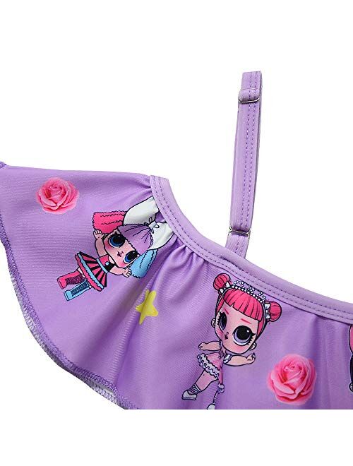 Rohero Toddler Baby Girls Swimsuits Two Piece Doll Print Ruffle Swimwear Bathing Suit for Doll Surprised Beach Tankinis