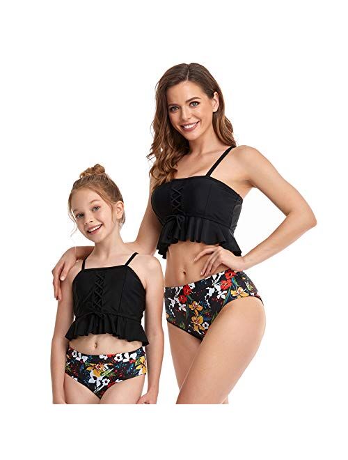 2Pcs Baby Girl Swimsuit High Waisted Bathing Suit Halter Neck Swimwear Women Bikini Sets for Family