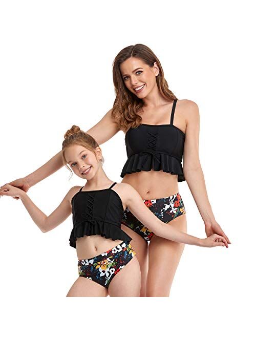 2Pcs Baby Girl Swimsuit High Waisted Bathing Suit Halter Neck Swimwear Women Bikini Sets for Family