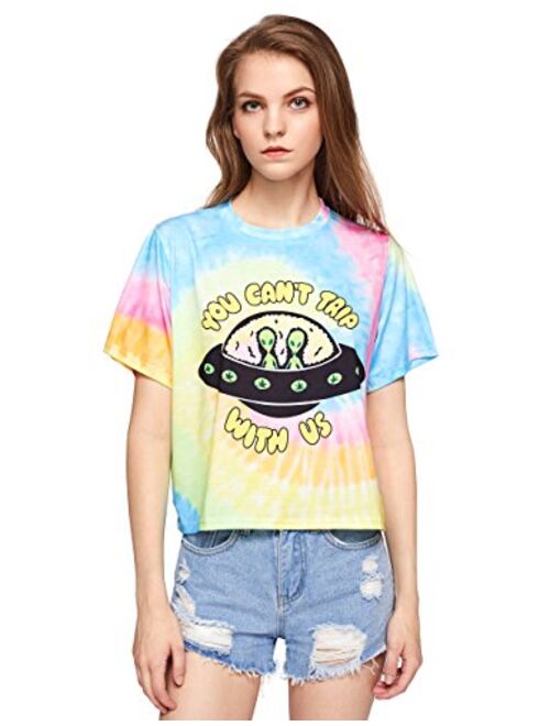 Romwe Women's Colorful Tie Dye Ombre Round Neck Tee Shirt Top