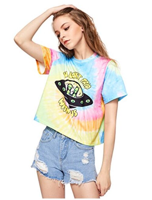 Romwe Women's Colorful Tie Dye Ombre Round Neck Tee Shirt Top