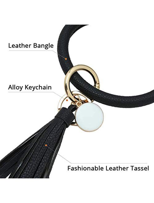 Spiritlele 2PCS Wristlet Keychain Bracelet Leather Keyring Bangle Tassel Big Round Key Chain for Women Girls