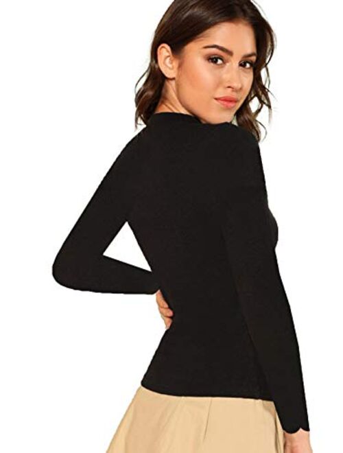 Romwe Women's Scalloped Cut Out V Neck Long Sleeve Sexy Tee Tops
