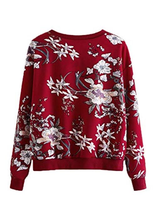 Romwe Women's Casual Floral Print Long Sleeve Lightweight Sweatshirt Pullover