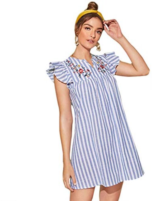 ROMWE Women's V Neck Striped Floral Ruffle Embroidery Cotton Summer Boho Dress Top