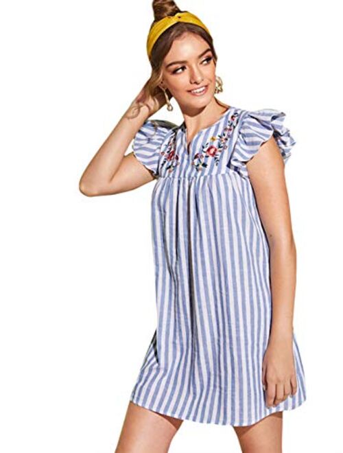 ROMWE Women's V Neck Striped Floral Ruffle Embroidery Cotton Summer Boho Dress Top