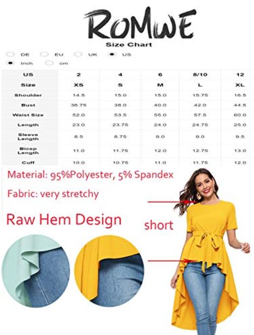 Romwe Women's Irregular Hem Short Sleeve Belted Flare Peplum Ruffle Blouse Shirts Top