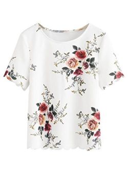 Women's Scalloped Pearl Embellished Short Sleeve Textured Blouse Top