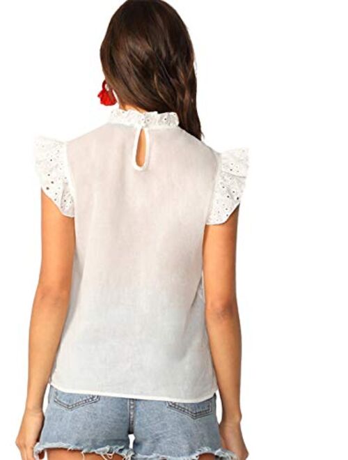 Romwe Women's Sleeveless Ruffle Stand Collar Embroidery Button Slim Cotton Blouse Top
